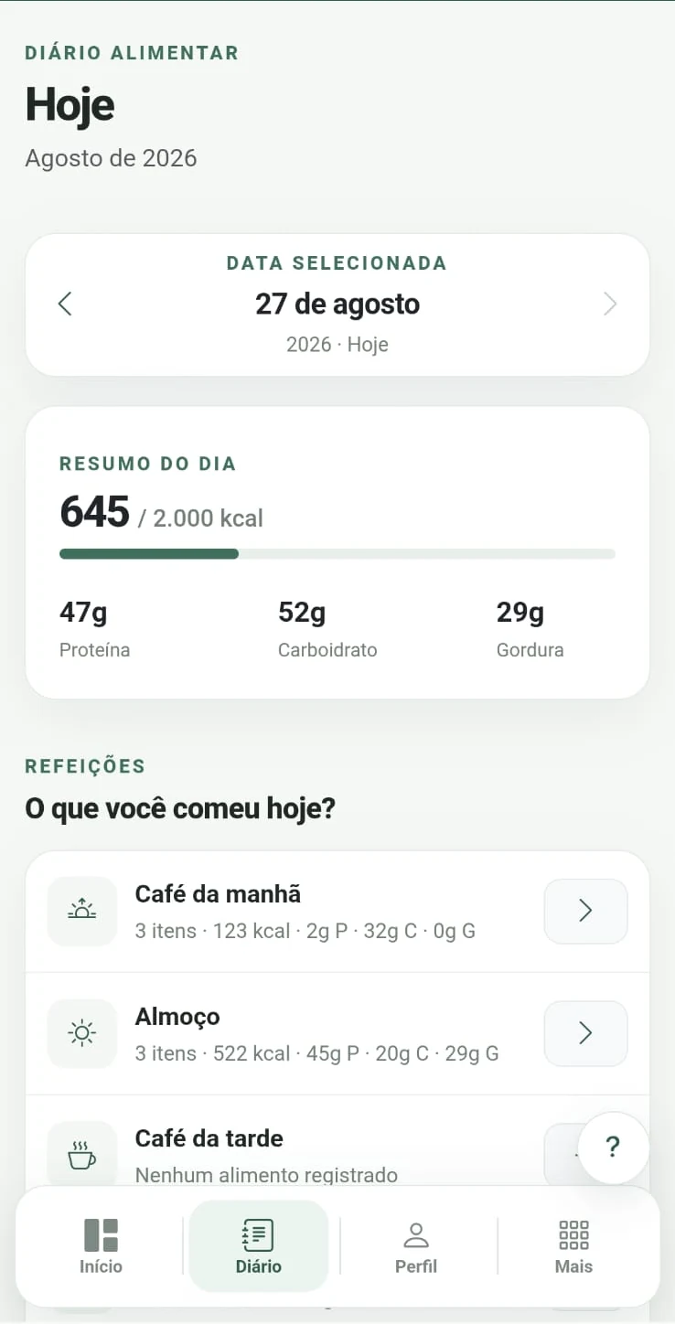 Tela real do Diário Alimentar do NIVA